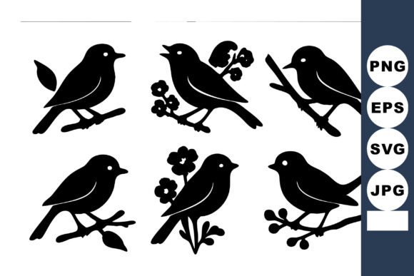 Black Bird Silhouettes Perched on Branch: Graphics & Illustrations