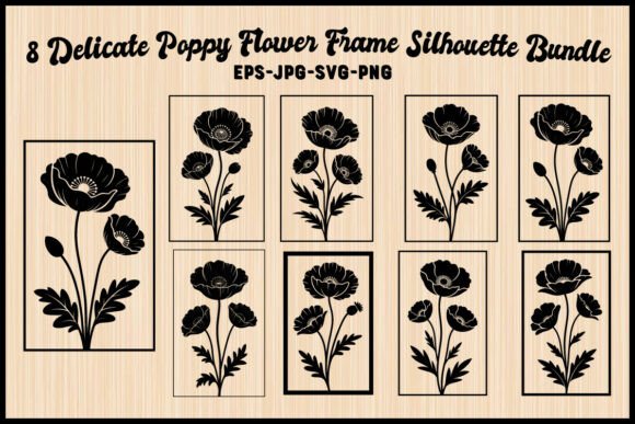 Delicate Poppy Flower Frame Silhouette Graphics & Illustrations