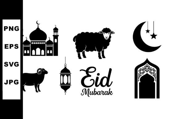 Eid Mubarak Celebration Icons with Mosqu: Graphics & Illustrations