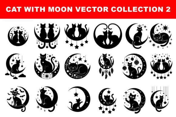 Silhouette of Cat with the Moon: Graphics & Illustrations for Editorial Polish