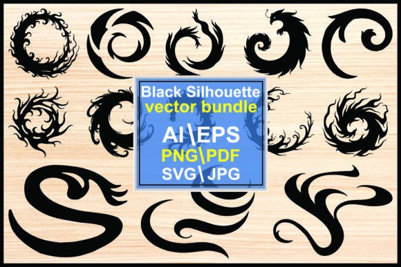 Silhouette Set of Round Tribal Dragon Graphics