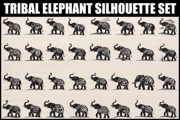 Tribal Elephant Silhouette Set: Graphics & Illustrations for Handmade Brands