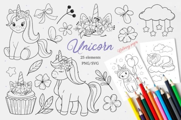 Unicorns SVG PNG Coloring Pages: Graphics & Illustrations