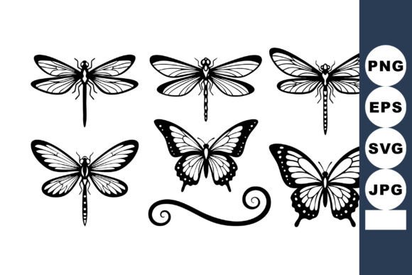 Vintage Black and White Dragonfly & Butterfly Graphics