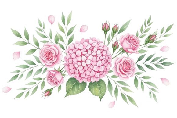 Watercolor Rose Hydrangea Set: Floral Graphics & Illustrations